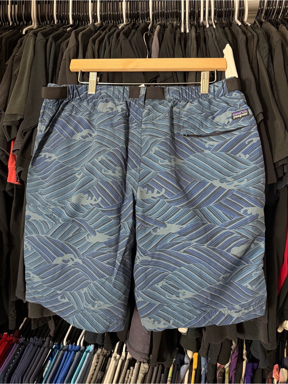 Patagonia River Guide Belted Shorts Mens Large Blue Wave Pattern Rare Lined Swim